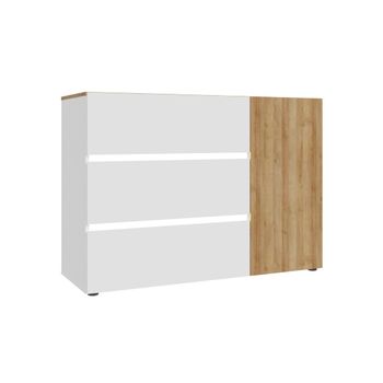 Cómoda Cajonera Dormitorio Leny, De 3 Cajones + 1 Puerta, Con Luces Leds. 115x82 Cm. Diseño En Blanco Y Roble Riviera