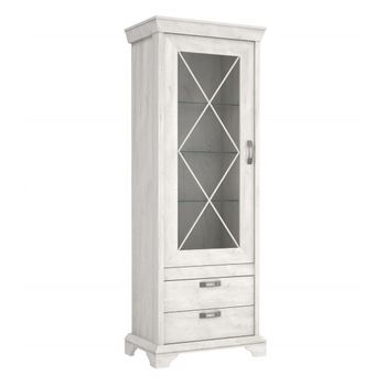 Mueble Vitrina Salón Karen, Mueble De Rústico Con Puerta Y Estantes De Cristal + 2 Cajones. 78,3x210,3x48,3 Cm Colór Blanco