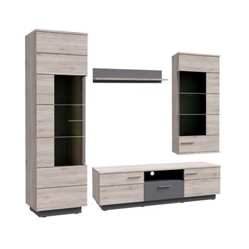 Mueble Salón Completo Jadiel De 240 Cm Ancho De 4 Módulos: Mueble Tv + Estante Pared + Vitrina Alta + Vitrina Colgante