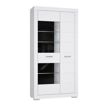 Vitrina Alta Blanca Snow. Mueble Aparador Alto Con Puerta De Cristal Y Estantes Con Luz Led. 198,5x101x41,4 Cm.