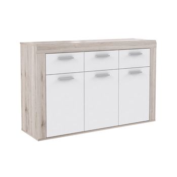 Aparador Paulo, De 3 Cajones Y 3 Puertas. 136x88x41 Cm. Mueble Almacenaje De Diseño Nórdico En Blanco Y Roble Arena