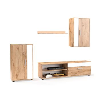 Mueble Salón Modular Bosco Mueble Tv + 2 Vitrinas + Estante En Color Roble Y Blanco