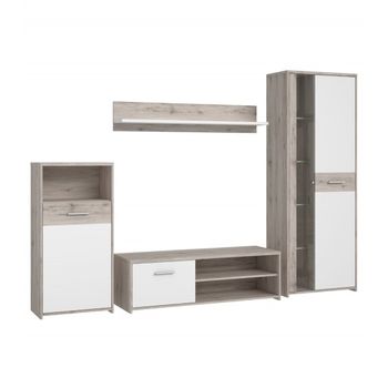 Mueble De Salón Modular Galena De 266 Cm Ancho. 4 Módulos: Mueble Tv, Vitrina Con Leds, Módulo Vertical, Estante Pared.