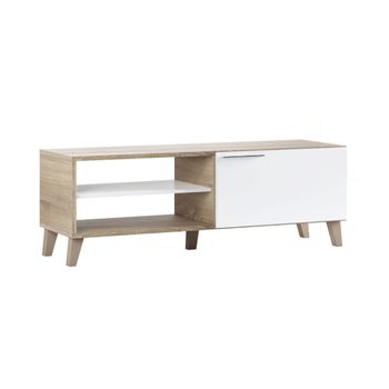 Mueble Tv De 130 Cm Kika. Mueble De Salón Para Televisión Reversible En Roble Canadian Y Blanco Brillo