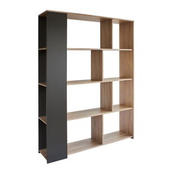 Mueble Estantería Noah. Librería Abierta Lineal Minimalista Con 8 Compartimentos. 175  X 129 Cm En Roble Y Gris