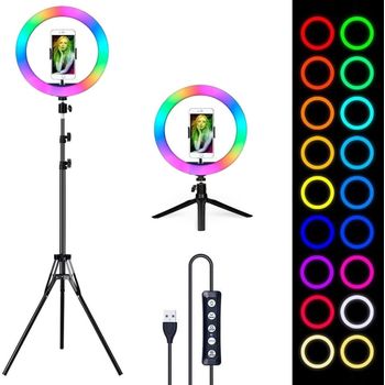 Aro De Luz De 26cm De Diámetro Led De 9 Colores Con Soporte Ajustable Anillo De Luz Rgb, Vídeo (rgb + Tripode + Mini Tripode)