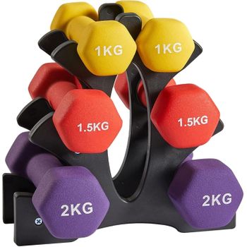 Set De 6 Mancuernas 2x 1kg, 2x 1.5kg, 2x 2kg Pesas Con Soporte Para Gimnasio Y Entrenamiento En Casa