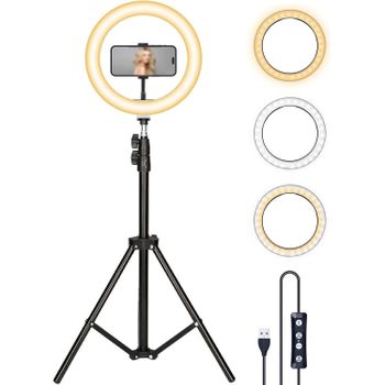 Aro De Luz 31cm 12" De Diámetro Con Trípode Regulable Desde 55 Cm Hasta 200cm, Soporte Para Móvil, 3 Modos De Luz Y 10 Niveles