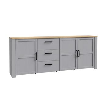 Aparador 220 Cm  Roble Y Gris Claro Odin. Mueble Salón-comedor Grandes Dimensiones 3 Puertas, 3 Estantes Y 3 Cajones.