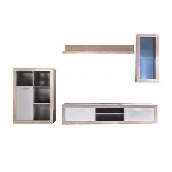 Mueble Salón Completo 203 Cm Glasgow, De 4 Módulos, En Color Roble Y Blanco