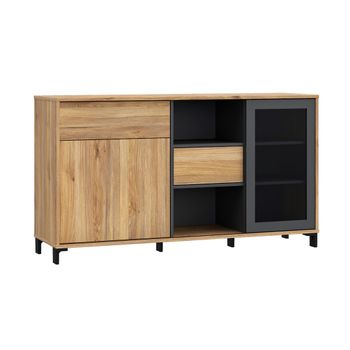 Mueble TV 180 cm FOLKE, industrial, 1 cajón y 3 huecos abiertos, Roble  veteado y Antracita