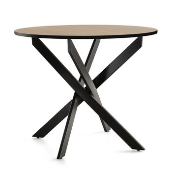 Mesa Redonda Blake, Industrial De Ø90 Cm Con Patas Metálicas Entrecruzado, Roble Borde Negro Y Negro