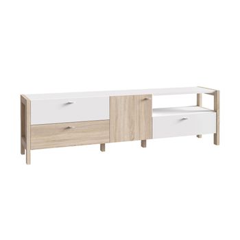 Mueble aparador de salón JELANI. 128,4x91,5x33,8 cm. Diseño nórdico moderno  color blanco y roble.