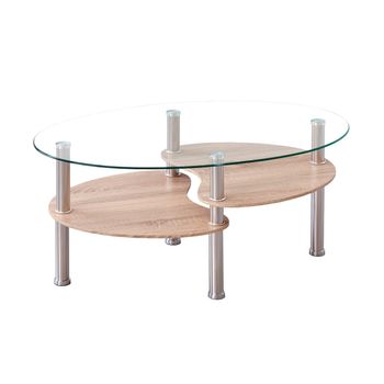 Mesa De Centro De Cristal Denise De Forma Ovalada Con Revistero Tipo Roble