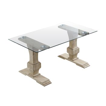 Mesa Comedor De Cristal Victoria, Patas Madera Estilo Colonial De 160x90 Cm