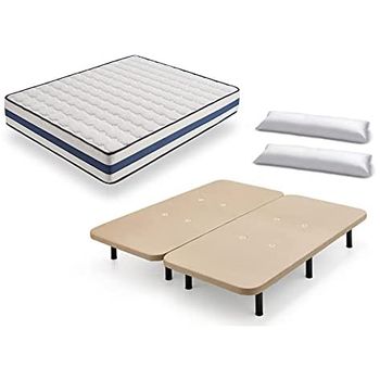 HOGAR24 ES TM63- Colchón + Somier Multiláminas con Patas, Medida 90x190 cm.  Núcleo Alta Densidad Transpirable con Tejido 3D y Aloe Vera.