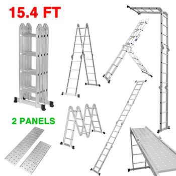 Escalera Telescópica Plegable Finether Km404 Con Bisagras De Bloqueo De Seguridad Y 2 Paneles Y 4 Pliegues 16 Peldaños, Plata