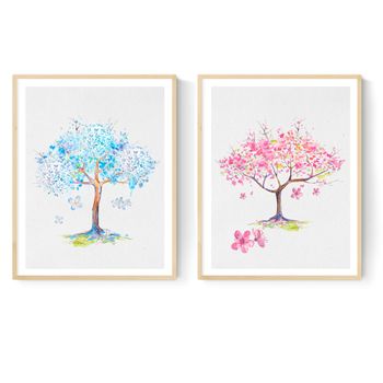 Set De 2 Láminas Para Enmarcar Árbol Rosa, Árbol Azul Estilo Acuarela.