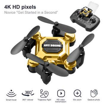 Mini Dron Plegable, Avión Portátil De Altitud Fija Con Cámara 4k (2 Baterías - Duración De La Batería: 10 Min - Dorado)