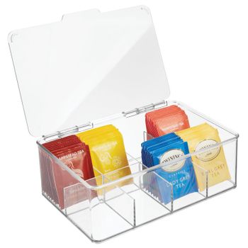 Caja Organizadora De Plástico Dividida Para Bolsas De Té Con Tapa De Bisagra - Transparente - Mdesign