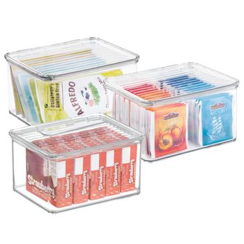 Caja Organizadora Para Despensa/nevera - Tapa Con Bisagra, Paquete De 3, Transparente - Mdesign