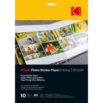 Papel Fotográfico Autoadhesivo Kodak - Paquete De 10 Hojas De Papel Fotográfico Autoadhesivo - Formato 21 X 29,7 Cm (a4) - Acabado Brillante - 120 G/m² - Compatible Con Impresoras De Inyección De Tinta