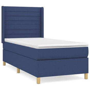 Cama Box Spring Con Colchón Tela Azul 100x200 Cm