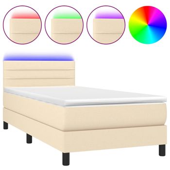 Cama Box Spring Colchón Y Luces Led Tela Crema 80x200 Cm