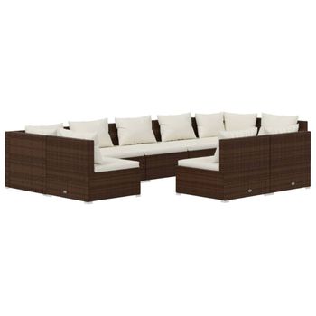 Set Muebles De Jardín 9 Piezas Y Cojines Ratán Sintético Marrón