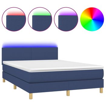 Cama Box Spring Con Colchón Y Led Tela Azul 140x200 Cm