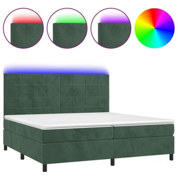 Cama Box Spring Colchón Y Led Terciopelo Verde Oscuro 200x200cm