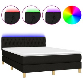 Cama Box Spring Colchón Y Luces Led Tela Negro 140x200 Cm