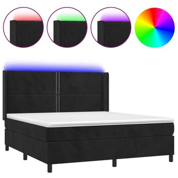 Cama Box Spring Colchón Y Led Terciopelo Negro 180x200 Cm