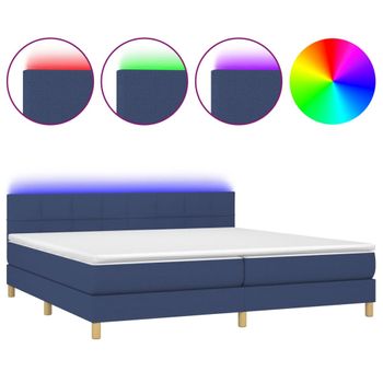 Cama Box Spring Con Colchón Y Led Tela Azul 200x200 Cm