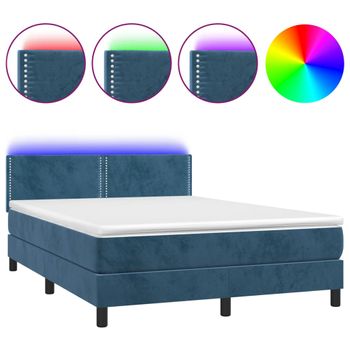 Cama Box Spring Colchón Y Led Terciopelo Azul Oscuro 140x200 Cm