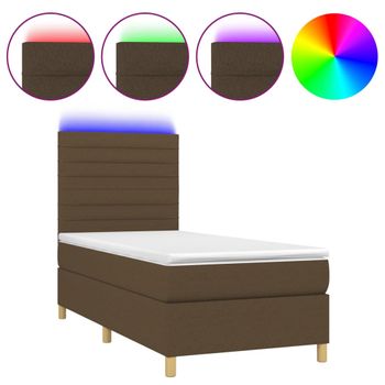 Cama Box Spring Colchón Y Luces Led Tela Marrón Oscuro 90x190cm