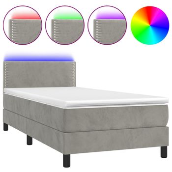 Cama Box Spring Colchón Y Led Terciopelo Gris Claro 100x200 Cm