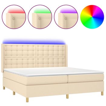 Cama Box Spring Colchón Y Luces Led Tela Crema 200x200 Cm