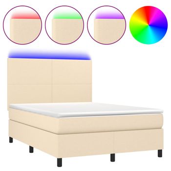 Cama Box Spring Colchón Y Luces Led Tela Crema 140x190 Cm