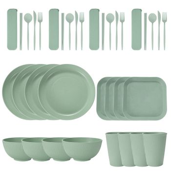 Paja De Trigo Grano Vertical Plato Cuenco Taza Plato Cuadrado Cuchillo Tenedor Cuchara Palillos Portátil Vajilla Set Verde