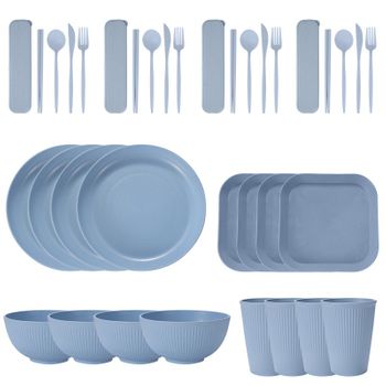 Paja De Trigo Patrón Vertical Plato Cuenco Taza Plato Cuadrado Cuchillo Tenedor Cuchara Palillos Portátil Vajilla Set Azul