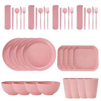 Paja De Trigo Patrón Vertical Plato Cuenco Taza Plato Cuadrado Cuchillo Tenedor Cuchara Palillos Portátil Vajilla Set Rosa