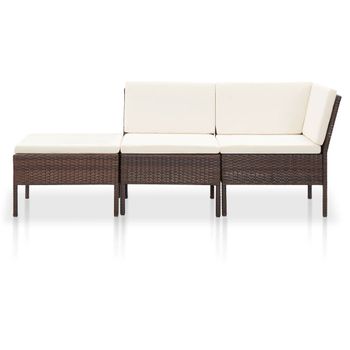 Set Muebles De Jardín 3 Piezas Y Cojines Ratán Sintético Marrón