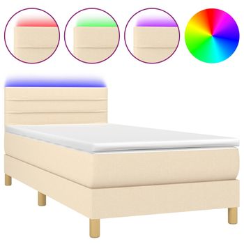 Cama Box Spring Con Colchón Y Led Tela Crema 80x200 Cm