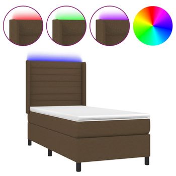 Cama Box Spring Colchón Y Luces Led Tela Marrón Oscuro 90x200cm