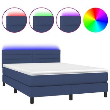 Cama Box Spring Colchón Y Luces Led Tela Azul 140x200 Cm