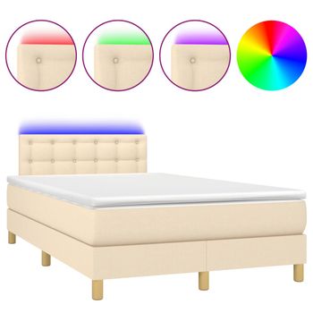 Cama Box Spring Con Colchón Y Luces Led Tela Crema 120x190 Cm