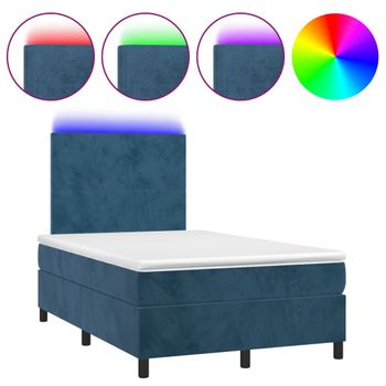 Cama Box Spring Colchón Y Led Terciopelo Azul Oscuro 120x190 Cm