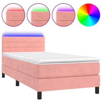 Cama Box Spring Colchón Y Led Terciopelo Rosa 100x200 Cm