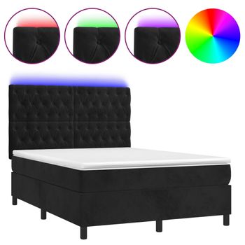 Cama Box Spring Colchón Y Led Terciopelo Negro 140x190 Cm